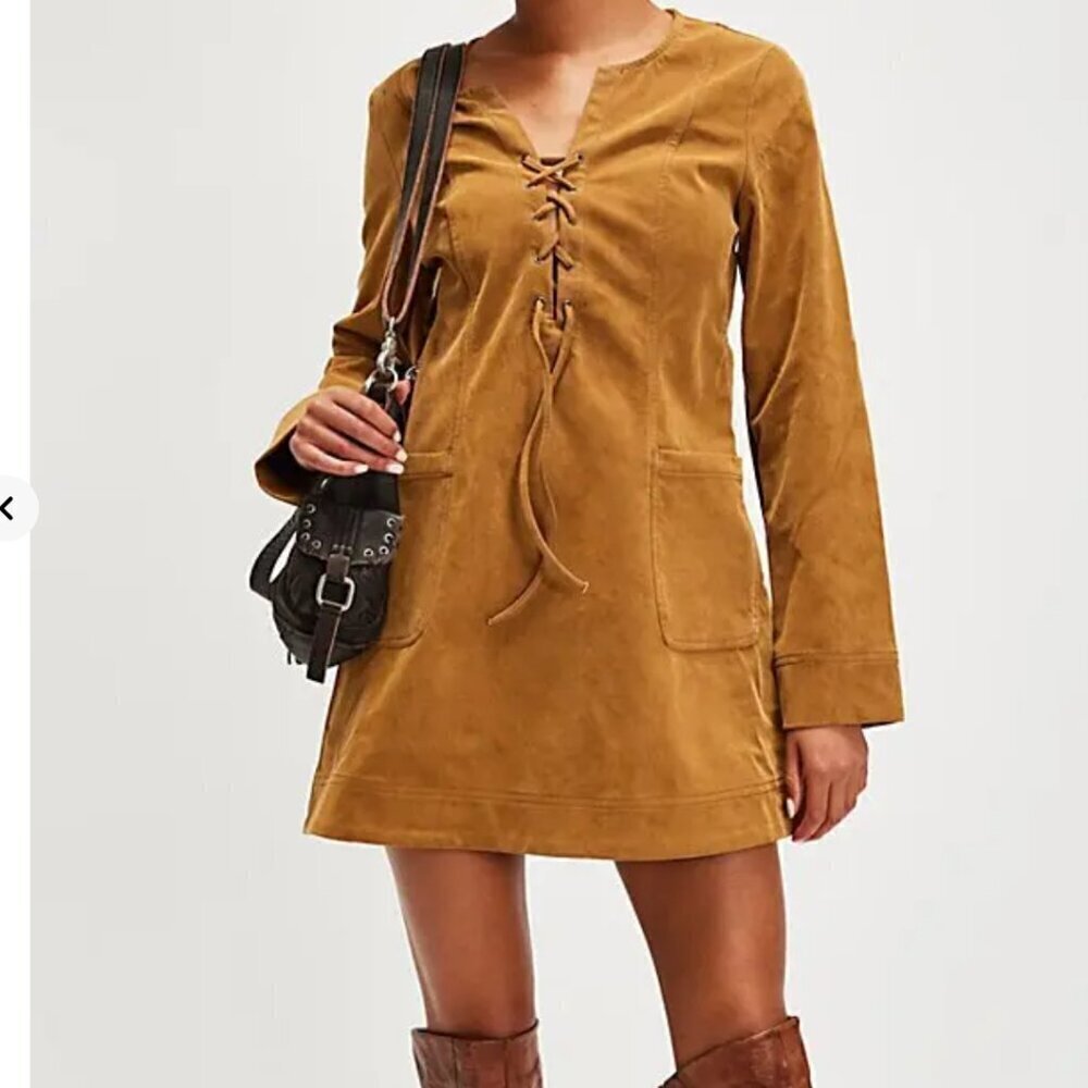 NWT Free People Bradley Faux Suede Mini Dress in Tobacco